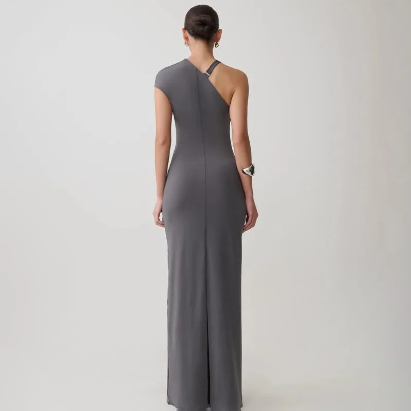 One Shoulder Asymmetric Maxi Dress with Hardware Elegant Black Party Dresses for Woman