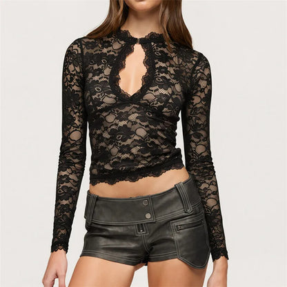Women Y2K Mock Neck Keyhole Cutout Sheer Lace Crop Top Long Sleeve Floral Scallop Edge Slim See Through Gothic Blouse