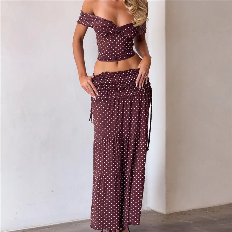 Y2K Women Polka Dot Two Piece Matching Set Off Shoulder Twist Crop Top High Waist Ruched Drawstring Tiered Maxi Skirt