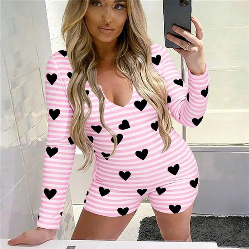 Women Romper Overall Slim Fit Love Heart Print V Neck Long Sleeve Playsuits Sexy Bodysuit Pajama for Valentines Day