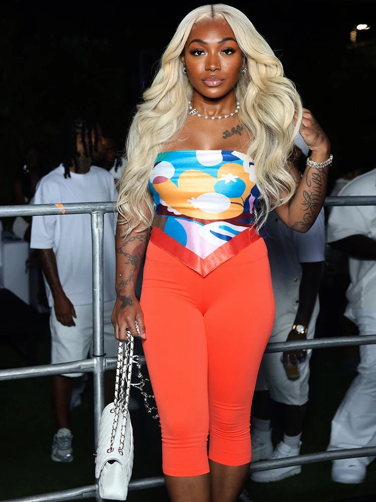 Sexy Hipster Women 2 Piece Set Y2K Strapless Colorful Belly Tops+Bike Shorts Tight Stretch Midnight Clubwear Outfits