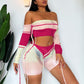 Knit Patchwork Women 2 Piece Set Tracksuit Off Shoulders Ripped Crop Tops+Fold Shorts Stretch Street Matching Suits