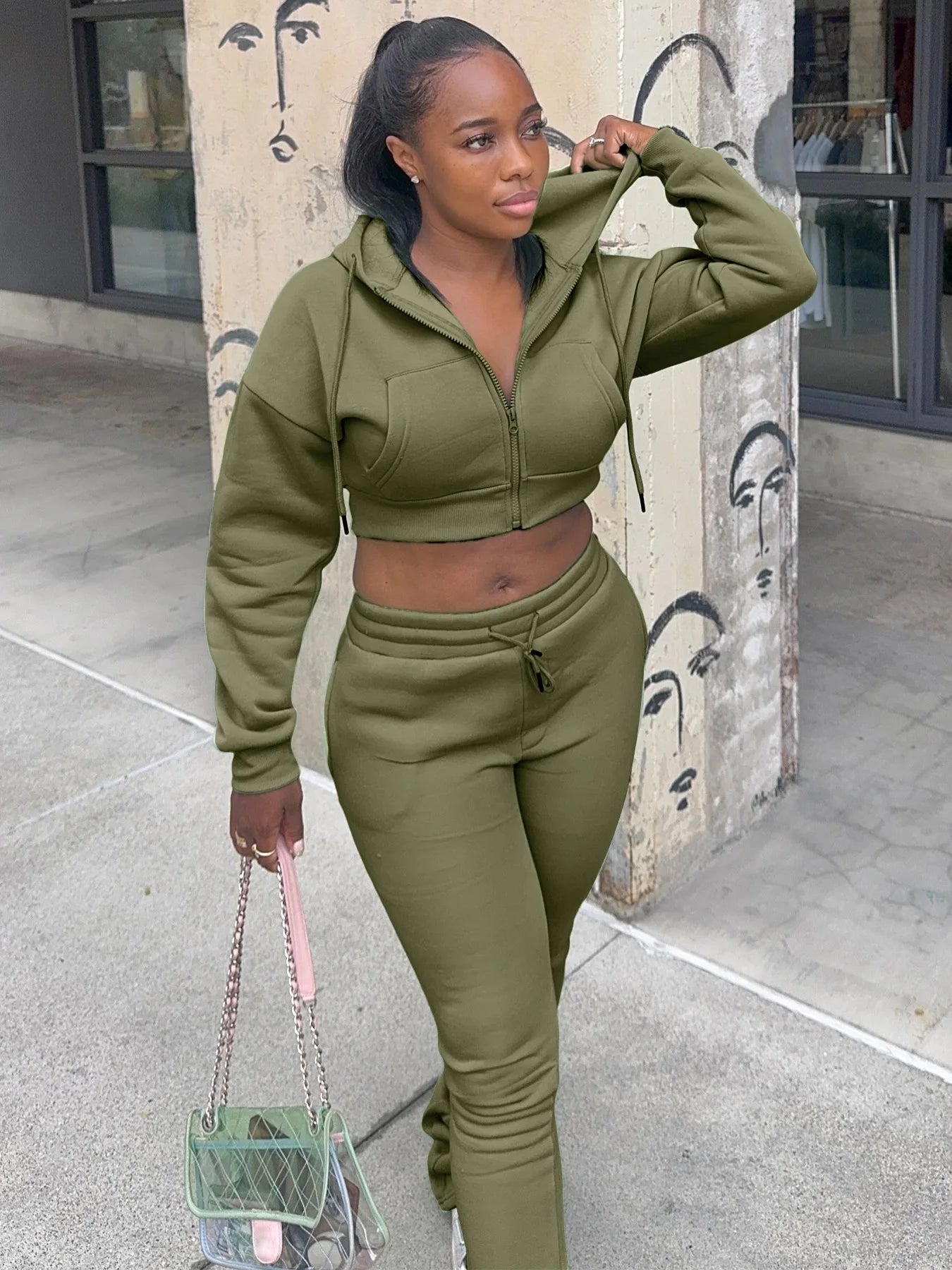 Casual Simple Women 2 Piece Set Pocket Hooded Zip Crop Jacket+Pants Sporty Matching Streetwear Skinny Basic Outfits