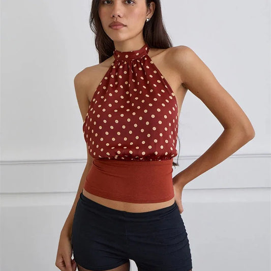 Y2k Polka Dot Halter Top Women Halter Neck Sleeveless Backless Tank Crop Tops Mock Neck Cute Going Out Camisole
