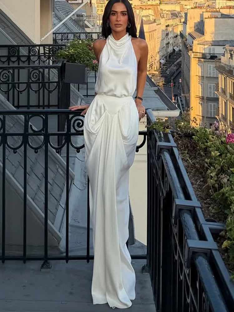 Elegant Backless Dress Women Fashion Classic Halter Ruched Patchwork Sleeveless Sexy Simple Party Club Long Bodycon