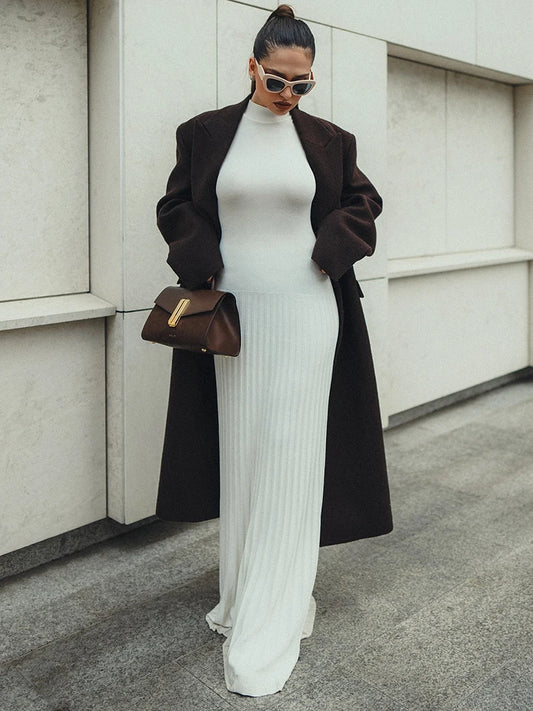 Half High Collar Sleeveless Knit Maxi Dress For Women Fashion Solid Bodycon Sexy Pleated Long Knitted Sweater Dress