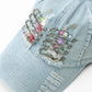 Women's Y2K Distressed Denim Baseball Cap, Bead Embellished Washed Jean Dad Hat, Adjustable Streetwear Sun Hat