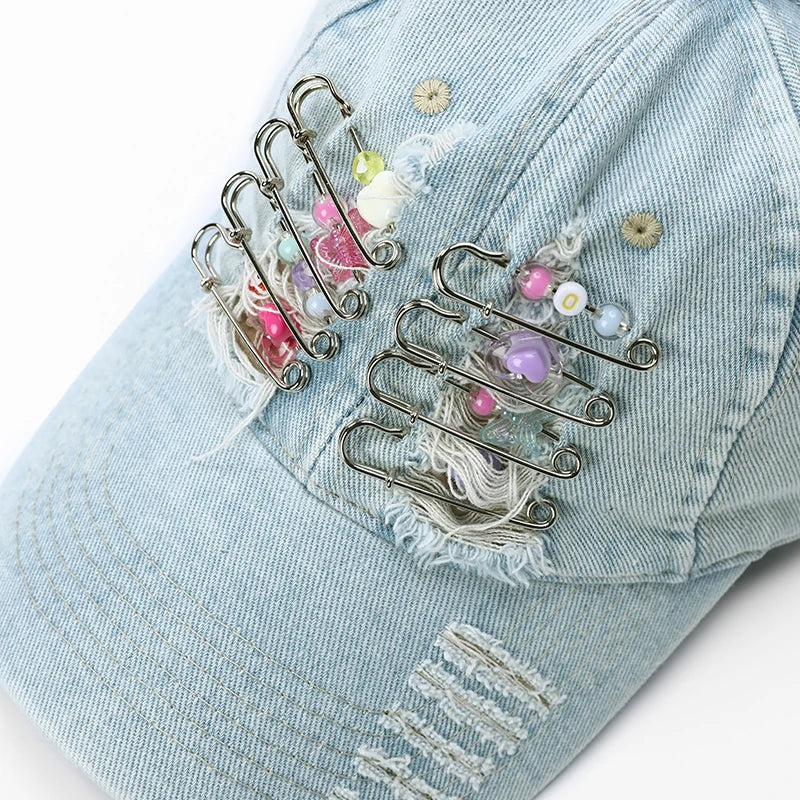 Women's Y2K Distressed Denim Baseball Cap, Bead Embellished Washed Jean Dad Hat, Adjustable Streetwear Sun Hat