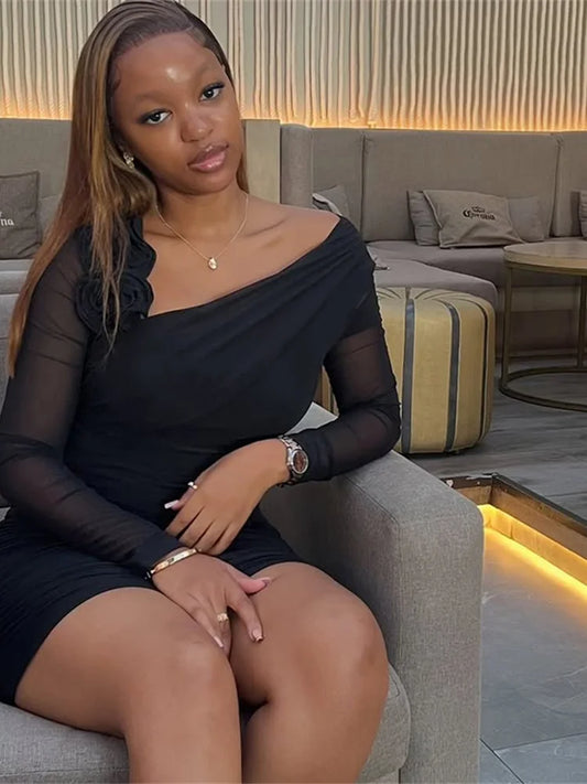 Patchwork Mesh Sexy Dress Women 3D Flowers Folds Slanted Collar Elastic Midnight Autumn Trend Party Clubwear Bodycon