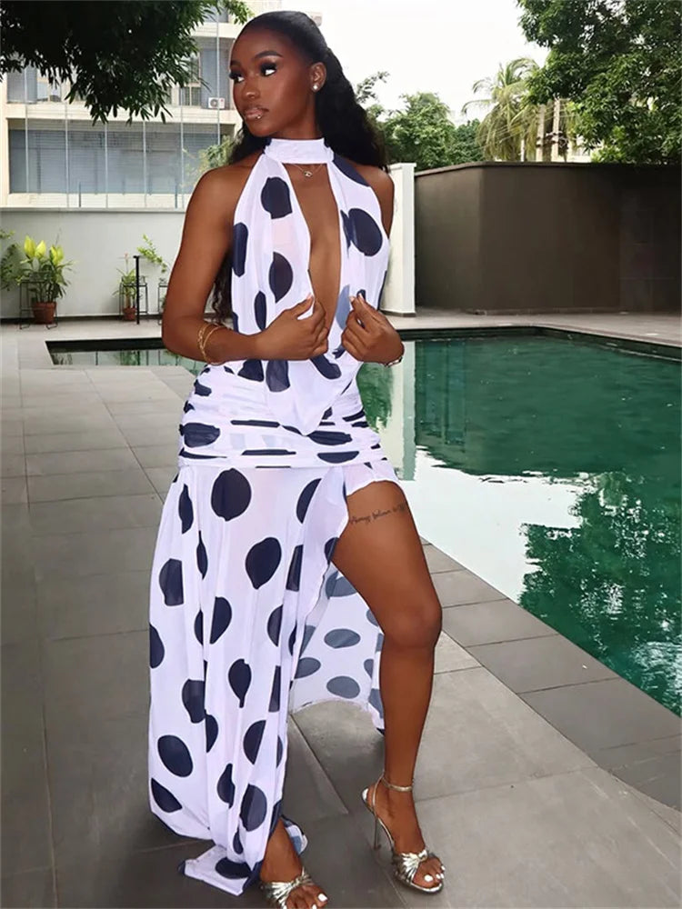 Sexy Swing Collar Dress Women Dot Print Hollow Halter Backless Bandage Split Stretch Mesh Vacation Party Vestidos