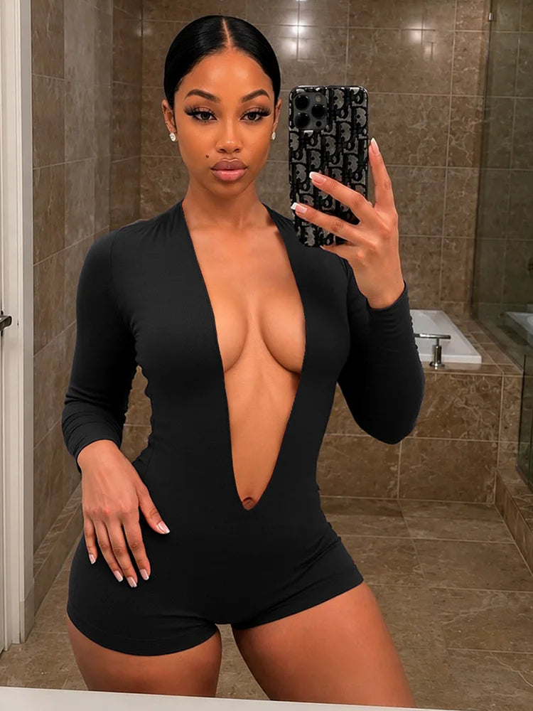 Deep v-Neck Playsuit Women Full Sleeve Skinny Elasticity Sexy Midnight Hottie Autumn New Trend Wild Simple Outfit