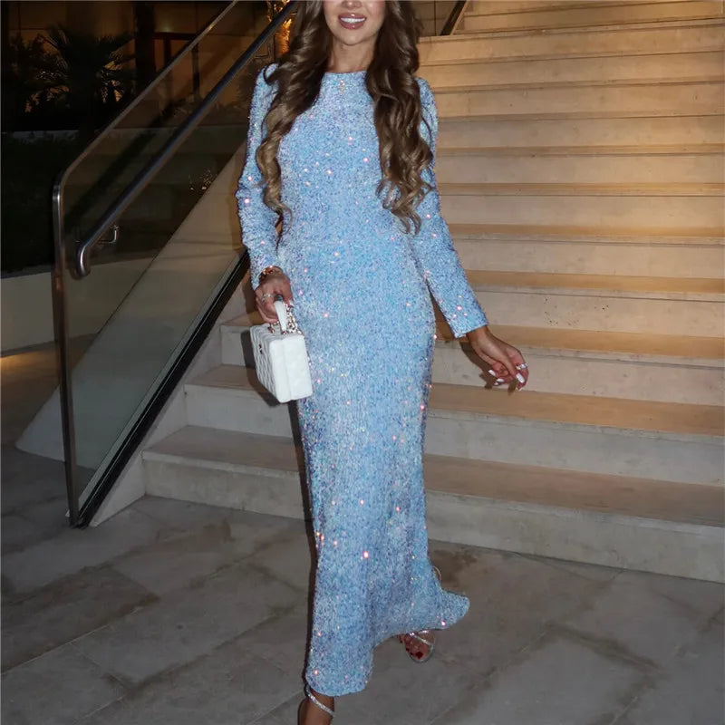 Fashion Sequined Party Slim Midi Dress For Women Autumn Winter Elegant Long Sleeve Sexy Bodycon Evening Dresses