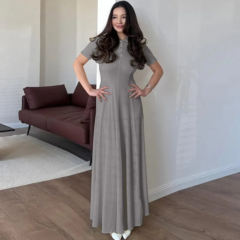 Casual Short Sleeve A-line Long Dress for Woman Elegant Knit Dresses Fall Clothes 2025 Brunch Outfits