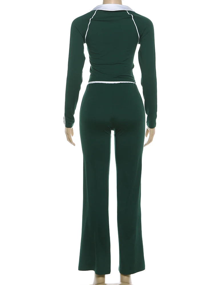 Sporty Simple Contrast Patchwork 2 Piece Set Woman V-Neck Full Sleeve Tops+Skinny Long Pants Casual Style Classic Outfits