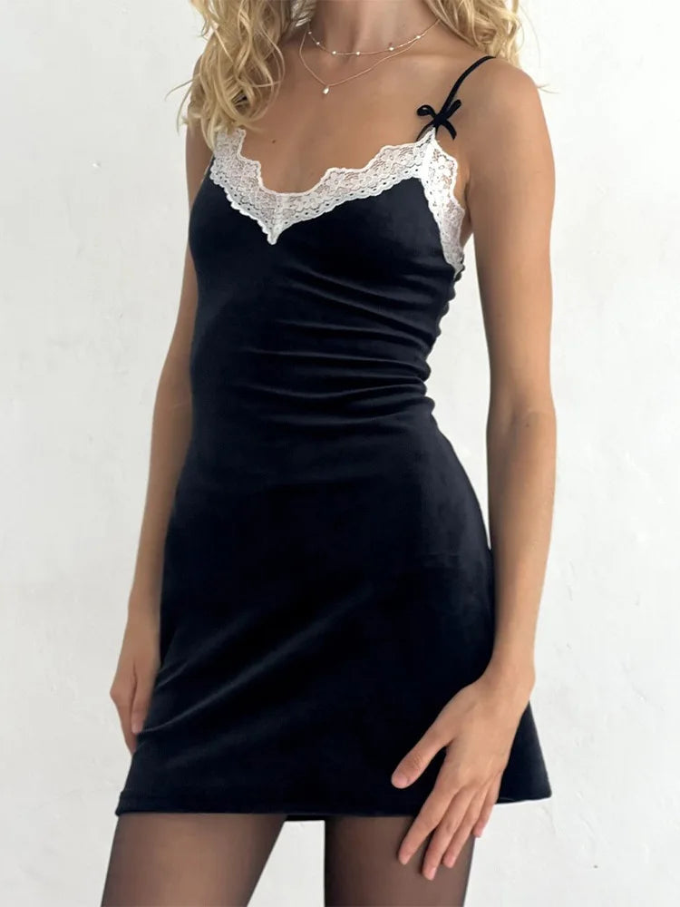Bow Lace Trim Velvet Black Dress Sexy Spaghetti Strap Deep V Neck Backless Mini Dresses for Women French Style