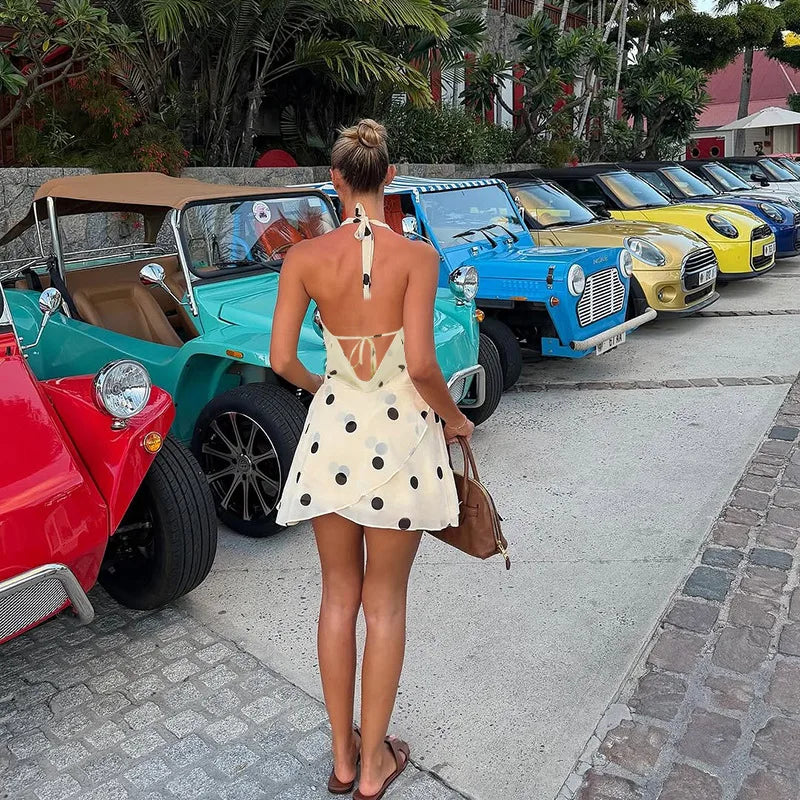 Polka Dot Print Halter Neck Open Back Mini A-line Dress French Vintage Sexy Summer Dresses 2026