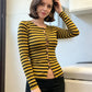 Womens Retro Striped Long Sleeve Blouse Round Neck Button Front Hollow Cutout Slim Fit Cropped Top Cosplay Party T Shirt