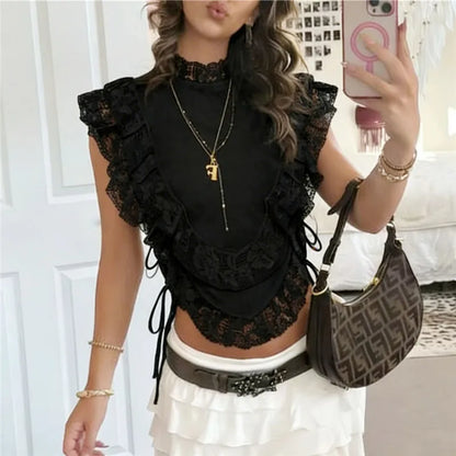 Women Lace Trim Tank Tops Patchwork Mock Neck Side Tie-up Sleeveless Layered Shirts Stylish Summer Streetwear