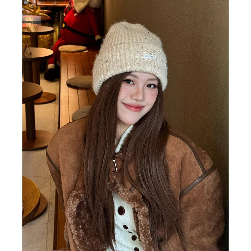 Y2K Sweet Star Sequin Warm Solid Knit Beanie For Women