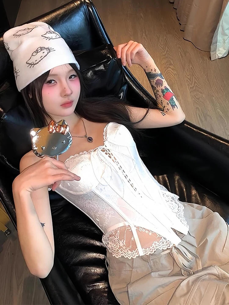 Shirring Corset Tops Women Patchwork irregular Lace Sleeveless Backless Skinny Summer Trend Y2K Midnight Street Vest