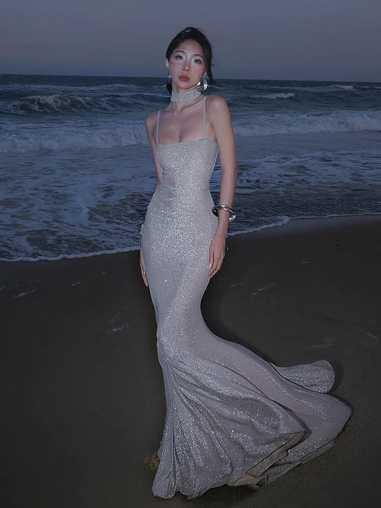 Glitter Maxi Dress Women Fish Tail Hem Backless Cross Bandage Low-Neck Sleeveless Beach Party Vacation Vestidos