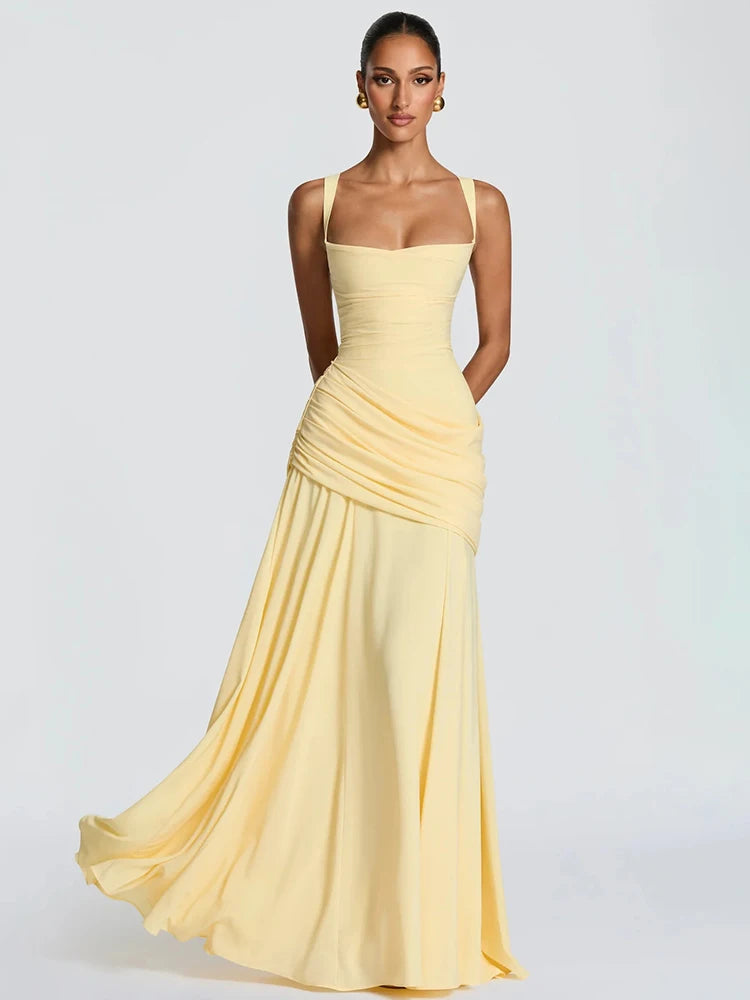 Square Collar Backless Sexy Maxi Dress Women Elegant Chiffon Sleeveless Bodycon Club Party Pleated Long Dresses