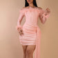 Sexy Fashion 2 Piece Set Women Feather Patchwork Slash Neck Skinny Bodysuit+Ruched Ribbon Skirt Y2K Style Elegant Set