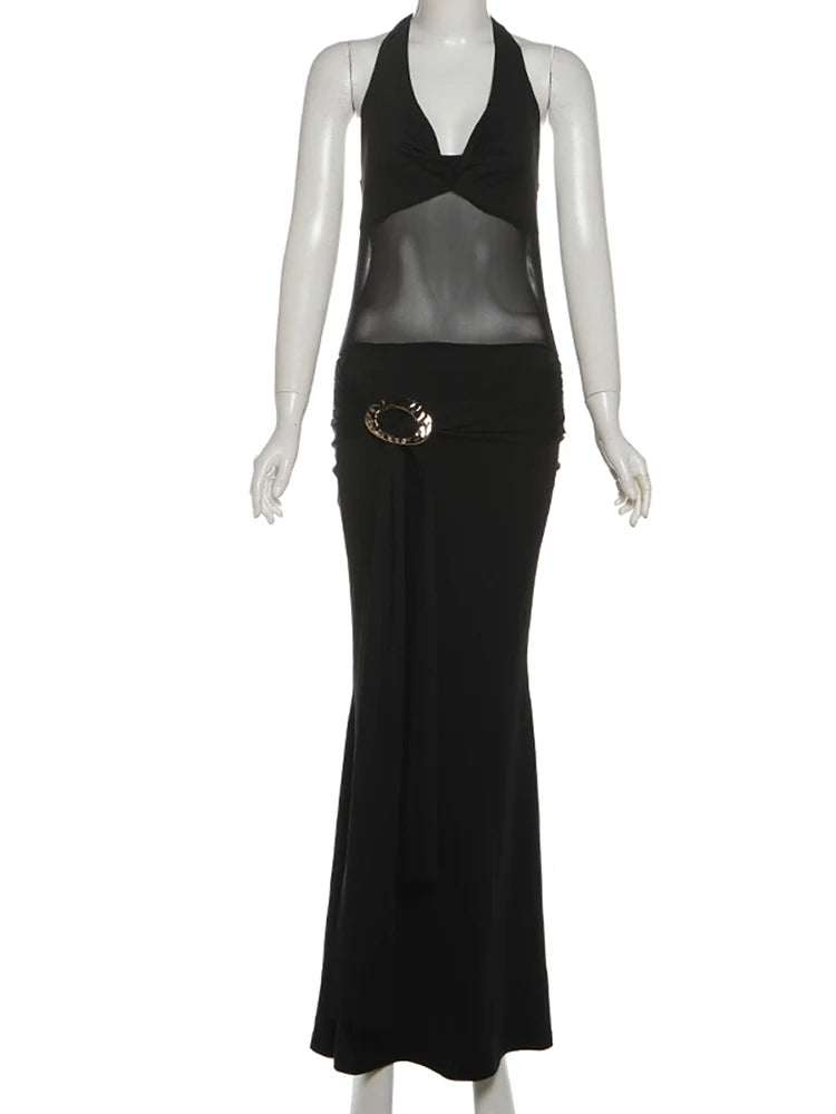 Halter Dress Women Mesh Patchwork Lace-Up Metal Ring Ribbon Ruched Elegant Skinny Stretch Backless Sleeveless Bodycon