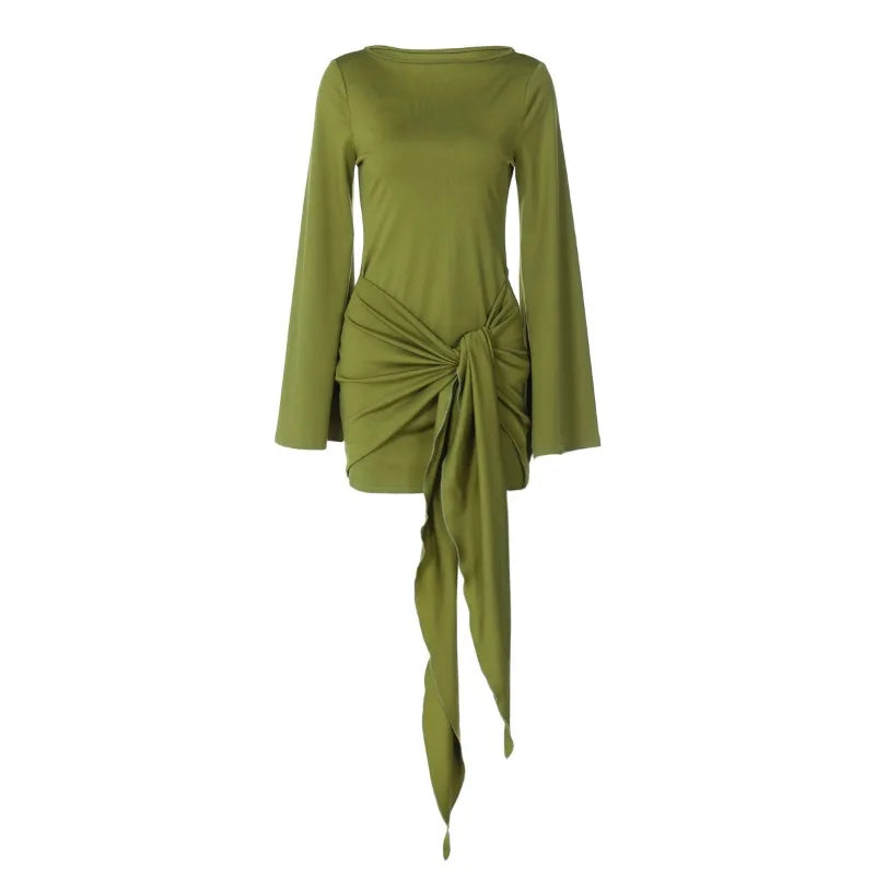 Lace Up Long Sleeve Short Dresses for Woman Fall 2025 Beautiful Ladies Dress Green Black