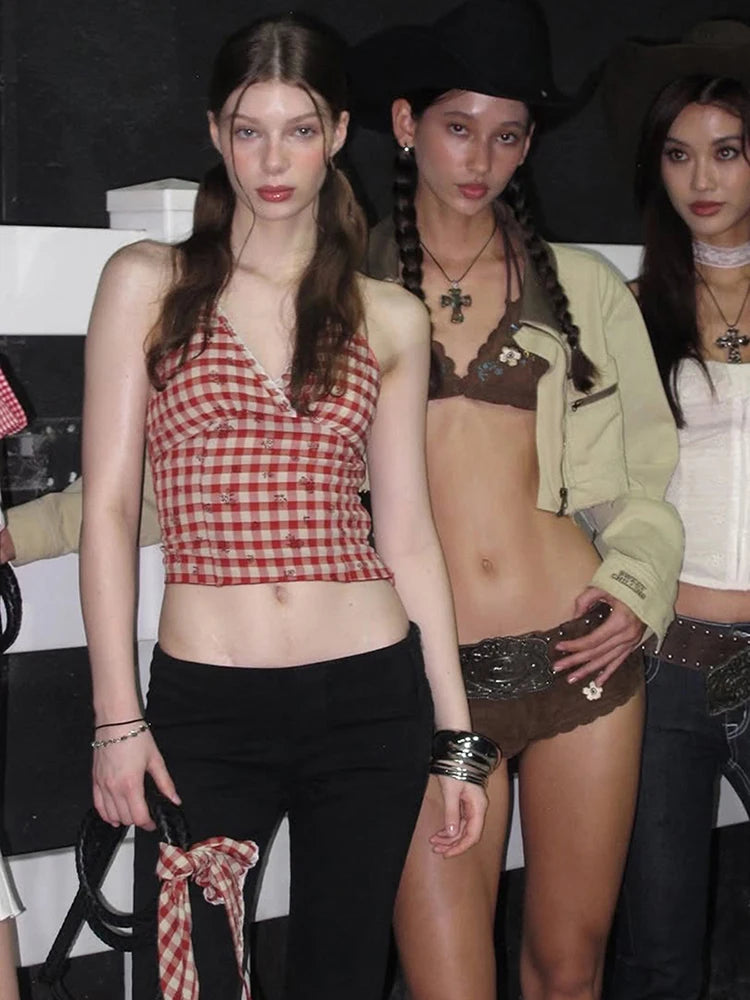 Plaid Camisole Women Halter Backless Patchwork Lace Side Slit Skinny Hottie Daily Midnight Classic Sweet V-Neck Vest