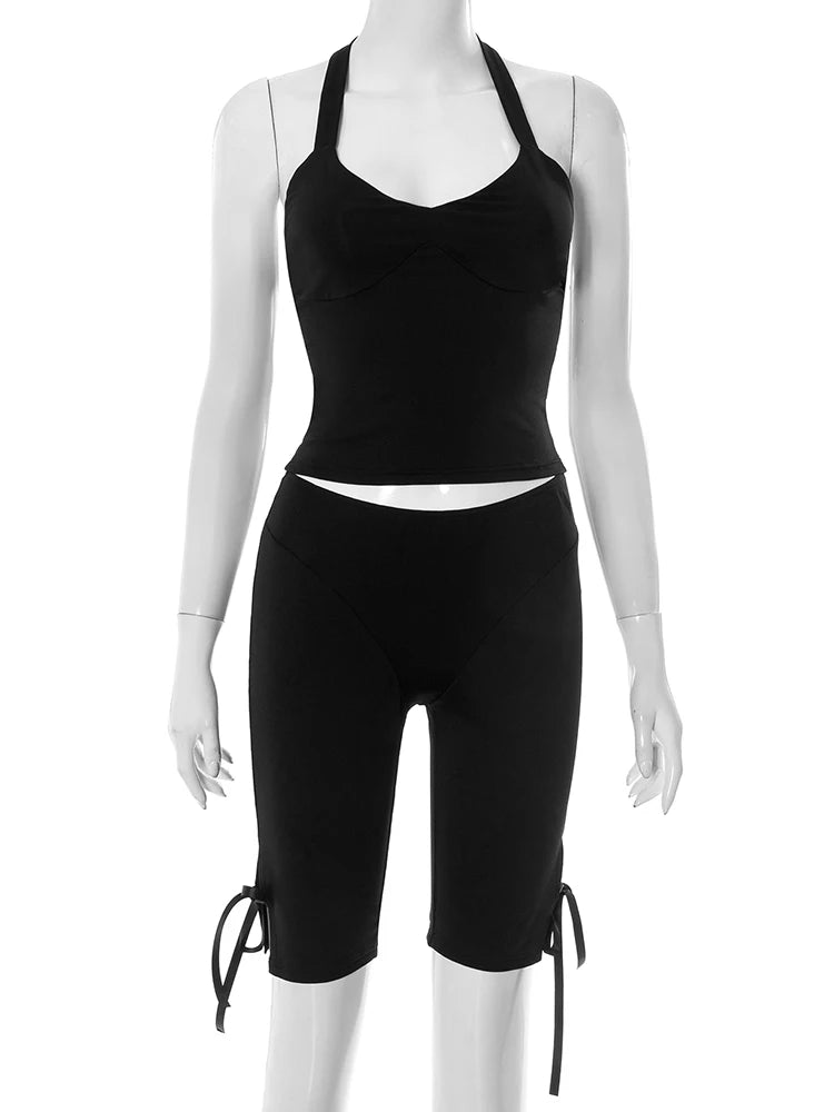 Bow 2Piece Set Women Casual Halter Backless V-Neck Tank Tops+Split Bike Shorts Sporty Stretch Solid Summer Sweatsuits