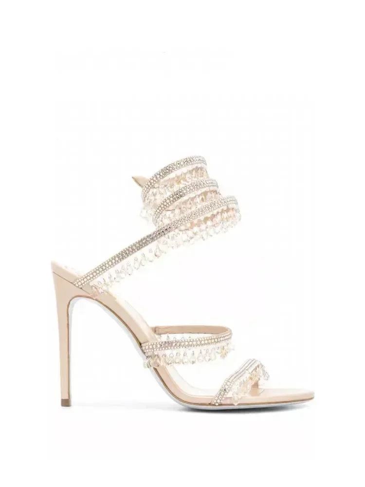 Women's New Water Diamond Sandals Fashion Tassel Crystal Shoes Sexy Banquet Party Twin Stiletto Women's Large Sandals