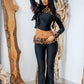 Fluff Leopard  2 Piece Set Women Slash Neck Backless Full Sleeve Crop Tops+Skinny Pants High Street Wild Style Suits