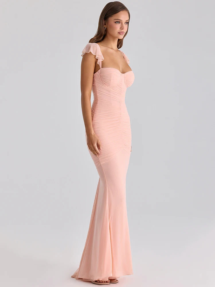Sweetheart Neck Sexy Mermaid Maxi Dress Women Elegant Ruffle Sleeves Bodycon Evening Club Party Long Dress Female Gown