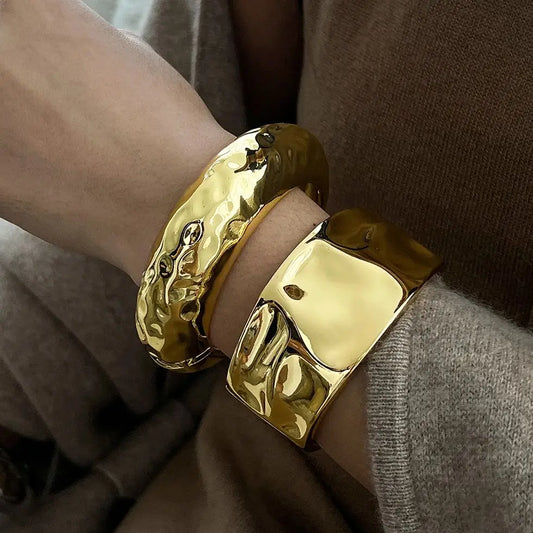 Exaggerated Punk Irregular Metal Spring Bangles for Women Vintage Gold Color Chunky Charm Bracelets Grunge Jewelry Men