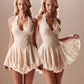 Jacquard Dress Women Halter v-Neck Backless Lace Skinny Folds Sleeveless Elegant Fashion Prom Party Chic Mini Bodycon