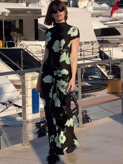 Casual Elegant Long Dress Woman Summer Trend Floral Print o-Neck Short Sleeve Vacation Basic Style High Waist Bodycon