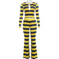 Striped 2-Piece Set Women Lapel Single-Breasted Full Sleeve Crop Top+Elastic Waist Slightly Flared Pant Sporty Suit