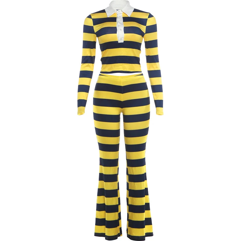 Striped 2-Piece Set Women Lapel Single-Breasted Full Sleeve Crop Top+Elastic Waist Slightly Flared Pant Sporty Suit