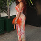 Colorful Print Dress Women Sexy Trend See Through Rope Diagonal Collar Patchwork Stretch Beach Vacation Party Bodycon