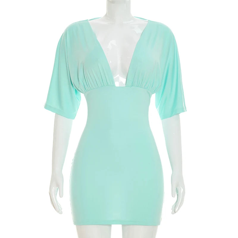 Women's Short Sleeve Bodycon Mini Dress with Deep V Neck and Tie Up Backless Open Back Casual Solid Color Party Clubwear