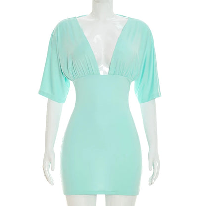 Women's Short Sleeve Bodycon Mini Dress with Deep V Neck and Tie Up Backless Open Back Casual Solid Color Party Clubwear
