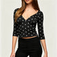 Women Vintage Polka Dot Crop Top Deep V 3/4 Sleeve Wrap Bust Slim Fitted Short T Shirt Retro Casual Y2K Basic Blouse