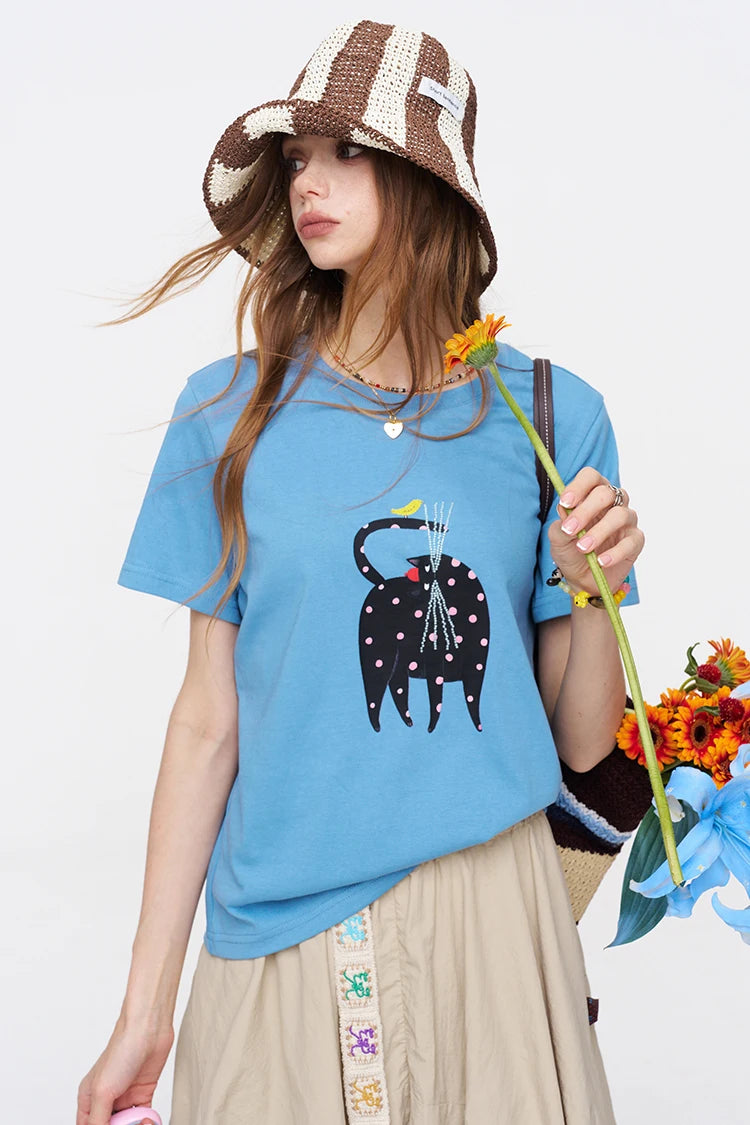 Cat Print Short Sleeve T-Shirt, Casual Round Neck Tee, Basic Daily Top for Women