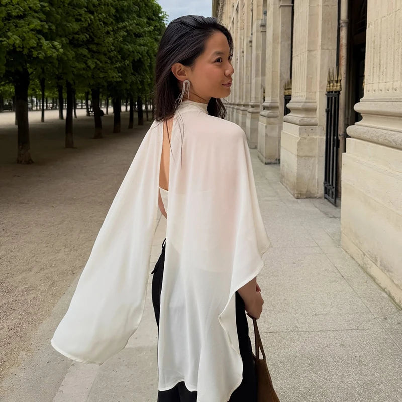 Women 2 In 1 Chiffon Cape Shirts Mock Neck Sheer Flowy Cloak Sleeve Crop Tops Slim Fit Inner Tube Layered Elegant Party