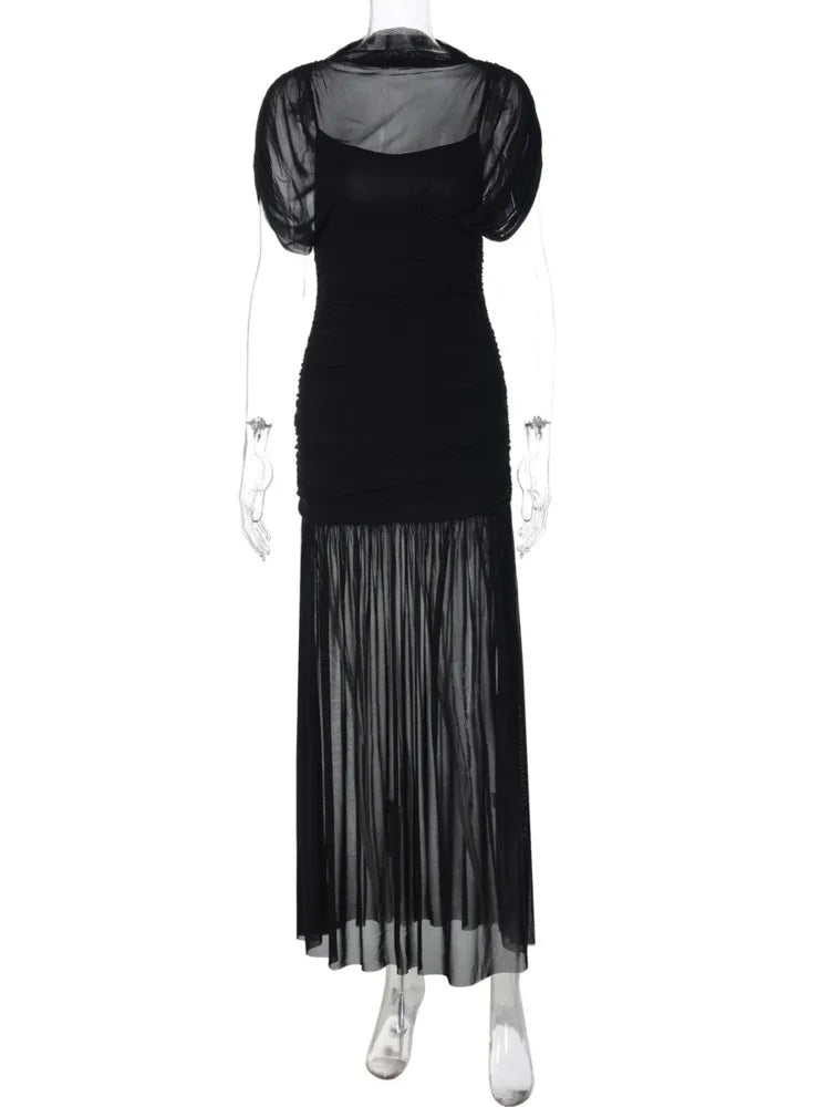 Mesh Sleeveless Sexy Maxi Dress Women Gown Elegant Half High Collar High Waist Bodycon Ruched Club Party Long Dresses