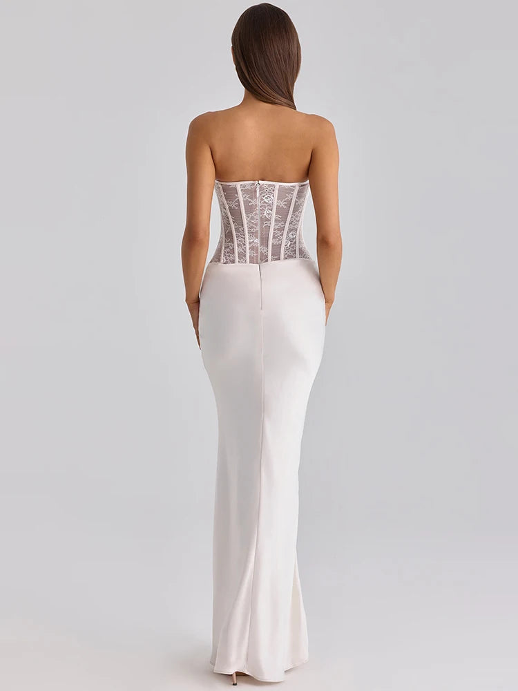 White Lace Corset Satin Sexy Maxi Dress Women Elegant Strapless Sleeveless Backless Bodycon Club Party Long Dresses