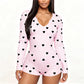 Women Romper Overall Slim Fit Love Heart Print V Neck Long Sleeve Playsuits Sexy Bodysuit Pajama for Valentines Day
