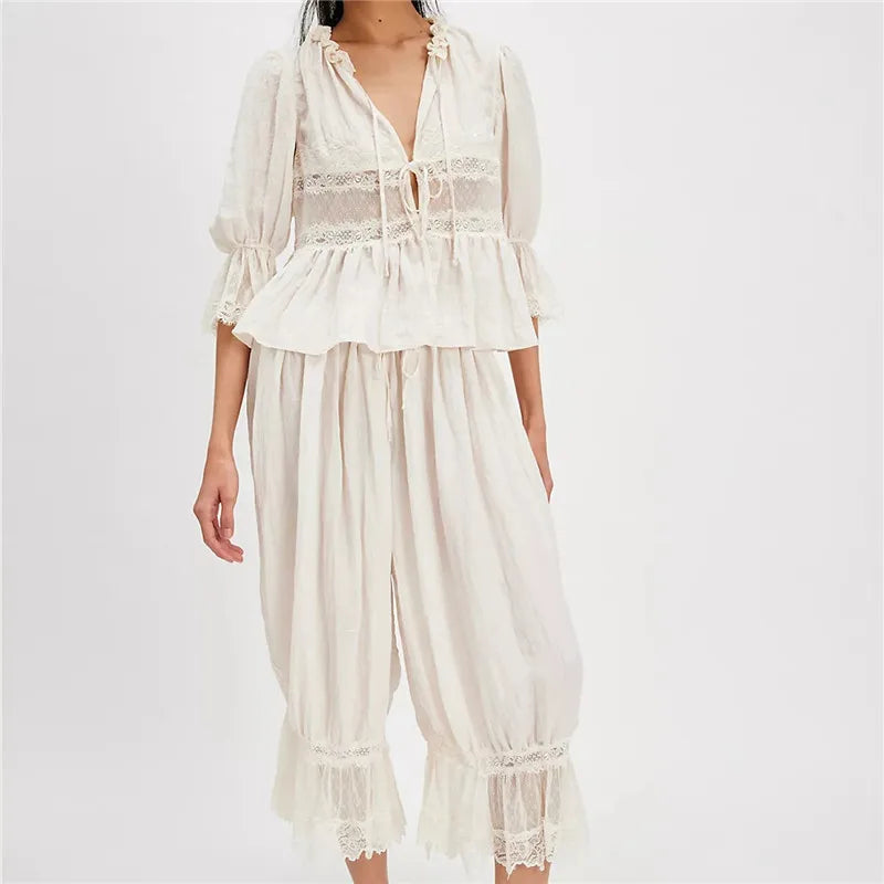 Women Lace Trim 2 Piece Pajamas Sets Y2k Bow Tie Front Short Sleeve Shirts + Ruffle Flared Lantern Pants Loungewear
