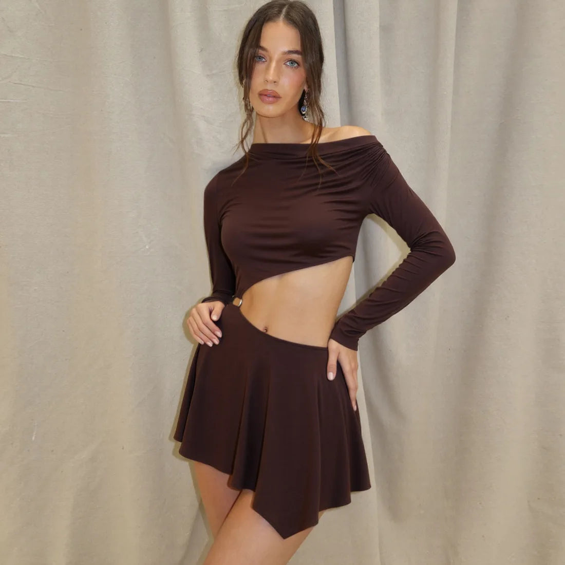 Sexy Hollow Mini Dress Women Skew Collar Off Shoulder Full Sleeve Rings Patchwork Waistless Ruched Elegant Outfits